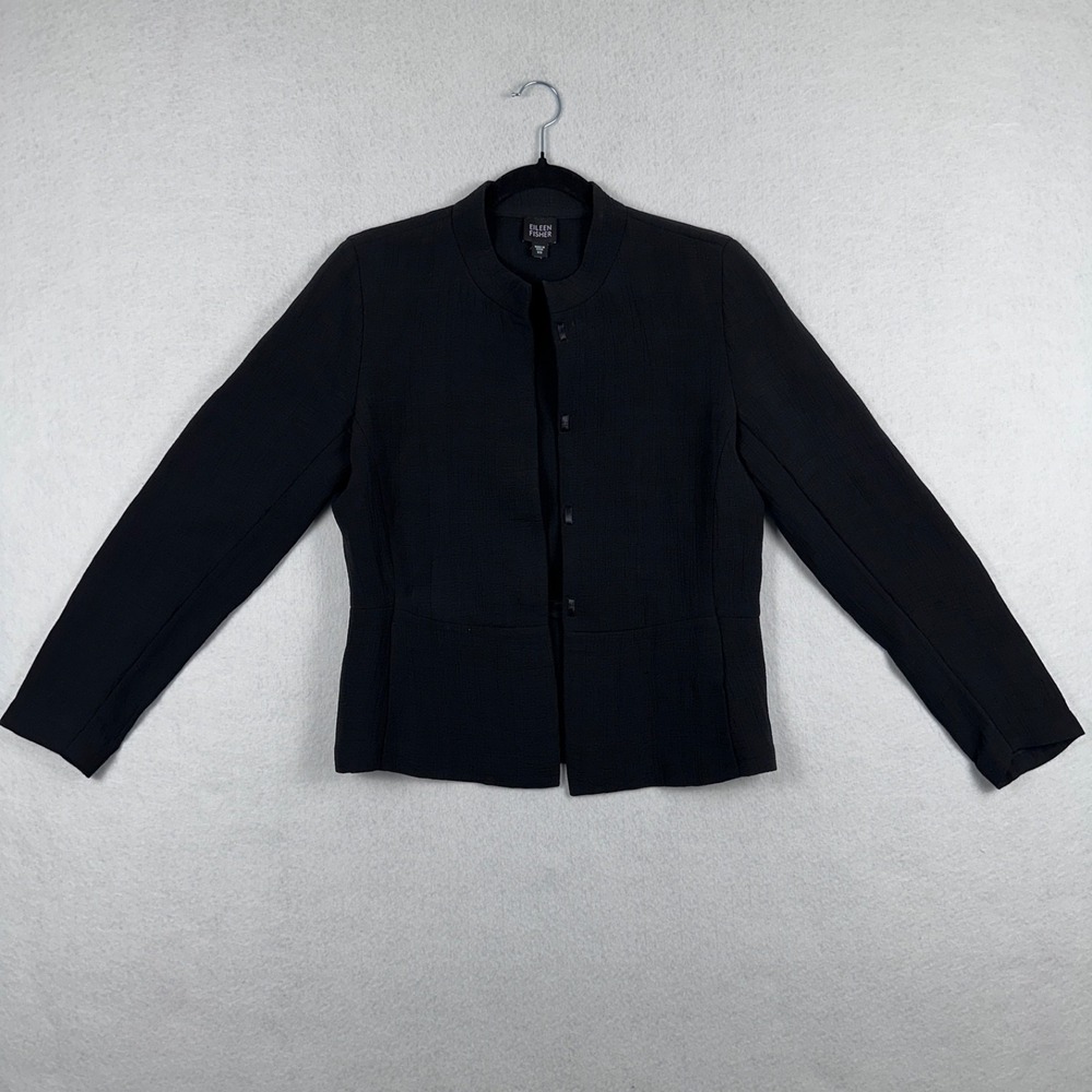 Eileen Fisher Womens Black Textured Blazer Jacket Sz XS Band Collar Classic Silk
